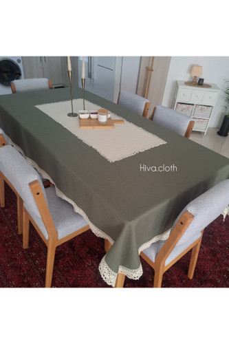 رومیزی ۶ نفره مستطیل کنفی دور دوزی با نوار کتان